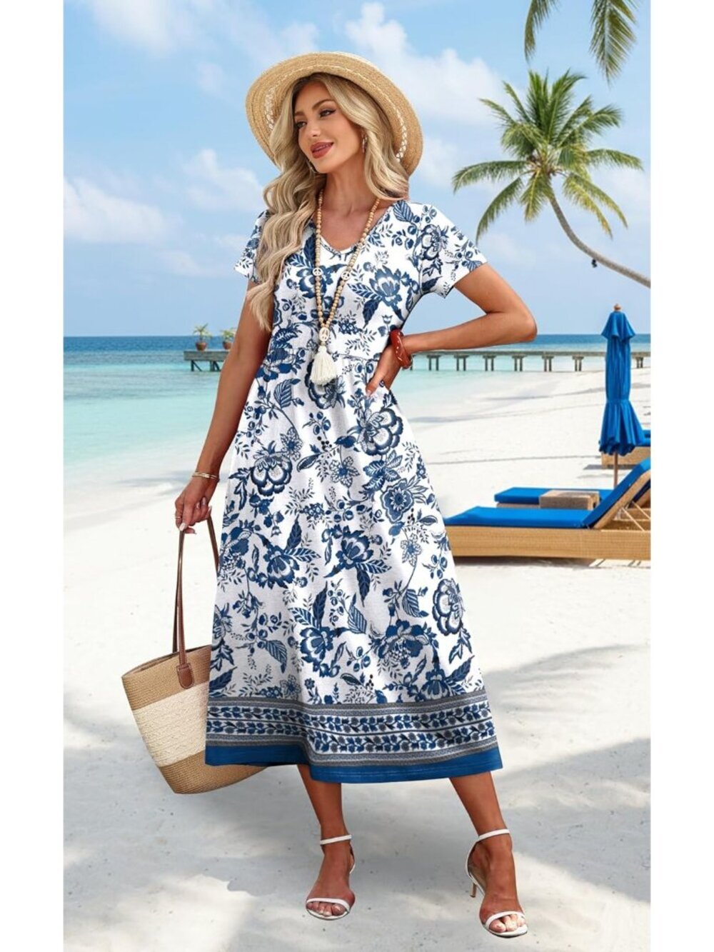 Women's Mandala Boho Print Summer Flowy A-Line Midi Beach Vacation Sundresses - Picture 2 of 5